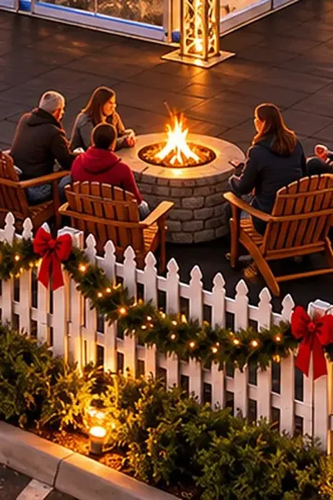 Concept rendering of a family relaxing around a fire pit beside the rink, with holiday garland on a white picket fence