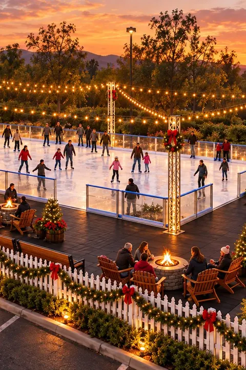 Concept rendering of skaters on the Ice at The Oaks rink at sunset, with string lights and fire pits