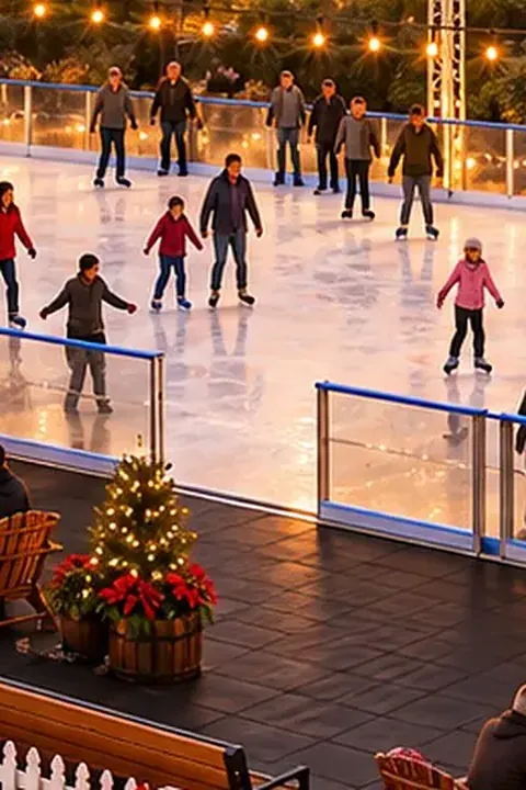 Concept rendering of kids and grown-ups skating at Ice at The Oaks, with a fire pit lounge beside the rink