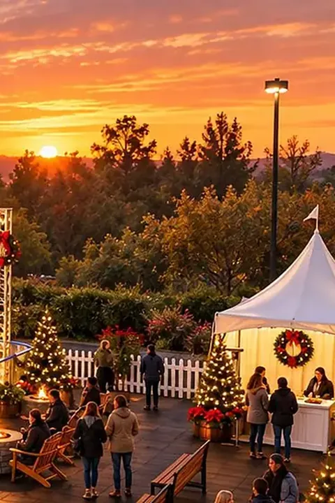 Concept rendering of guests gathered rink-side at sunset beside a white activation tent, with skaters and string lights behind them
