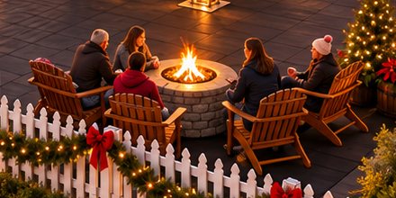 Concept rendering of guests around a fire pit beside the rink