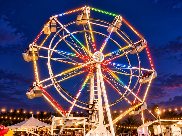 A 40-foot Ferris wheel glowing with rainbow LED lights at night, above string lights and a crowd of guests