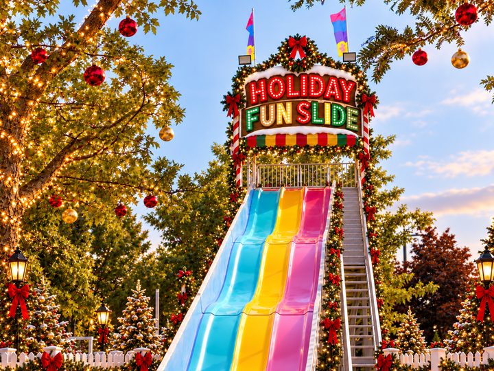 The three-lane Holiday Fun Slide in blue, yellow and pink, trimmed with garland, red bows and a light-up sign