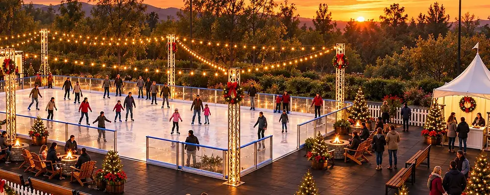Concept rendering of skaters on the Ice at The Oaks rink at sunset, ringed by string lights and fire pits