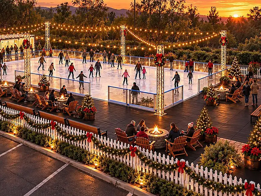 Concept rendering of the rink from above, with dasher boards, fire pits and string lights