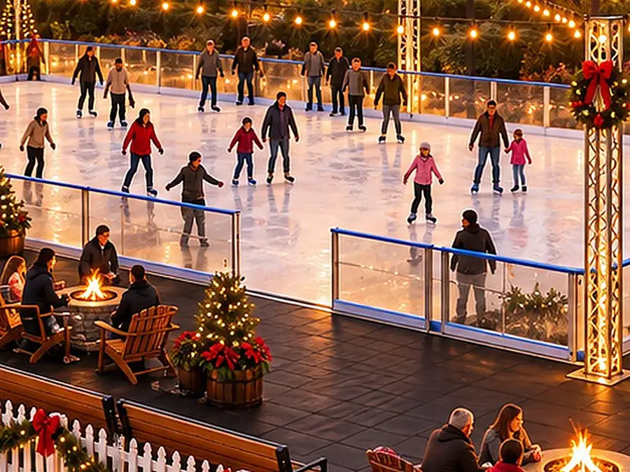 Concept rendering of skaters on the rink under string lights, with fire pits along the boards