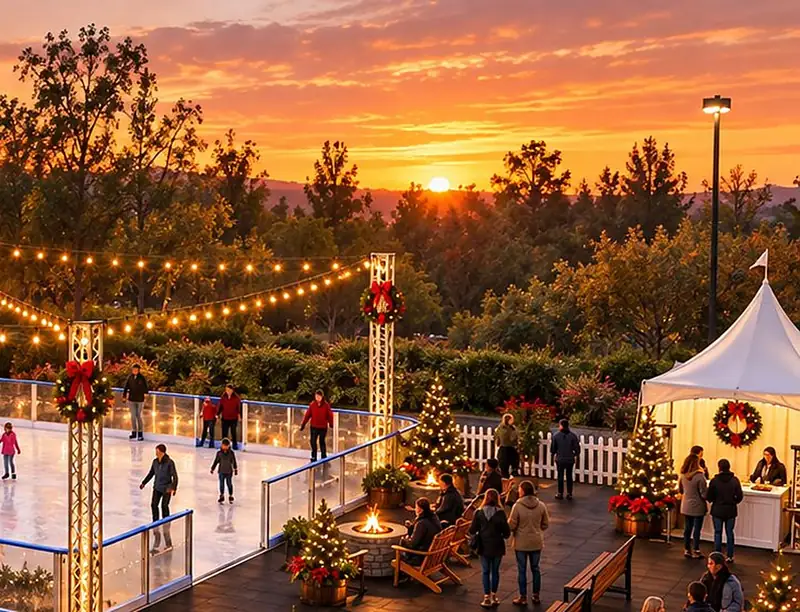 Concept rendering of the rink at sunset with a white event tent beside the ice