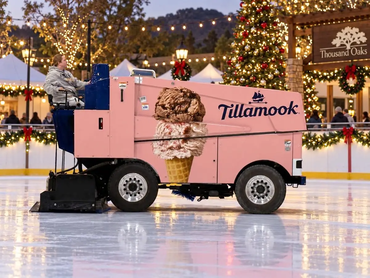Concept rendering of a Zamboni ice resurfacer wrapped in a sponsor's branding on the rink